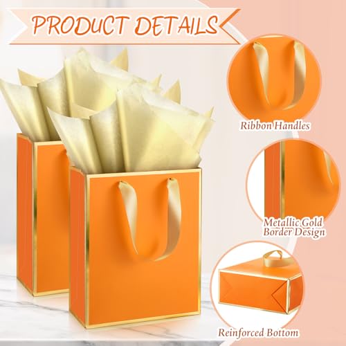 Image of Yeaqee 24 Pack Metallic Paper Gift Bag with Tissue, Orange, Gold | with Satin Ribbon Handle and Tissue, 9x7x3.1 Inch, Suit Business, Birthday, Christmas, Thank You Return Gifts Bags