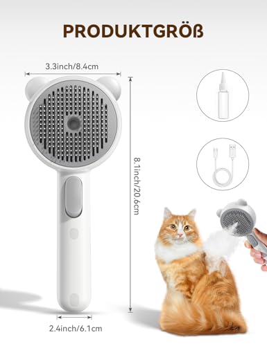 FEELNEEDY Katzenbürste mit Dampf, Furminator Katze mit Auslöseknopf Wassertank, Dampfbürste Katze für Langhaar/Kurzhaar Hunde Katz, USB aufladbar, Zwei-Geschwindigkeits-Sprühfunktion