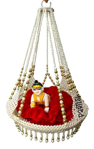 Image of PARTISH Handcrafted Hanging Moti Jhula for Laddu Gopal Ji | Premium Pearl Beaded Swing Palna with Red Velvet Cushion & Gold Accents for Janmashtami & Home Temple Decor (for Idol Size 5 & 6, Moti)