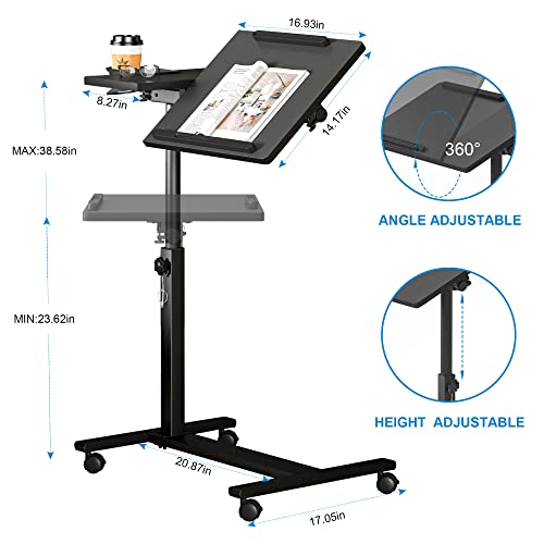 Panta FH-RLS-BLK Height Adjustable Rolling Laptop Stand, Overbed Table With 2 Tilting Desktops, Mobile Laptop Table For Couch With Cup Holder, Mobile Computer Workstation thumb #4