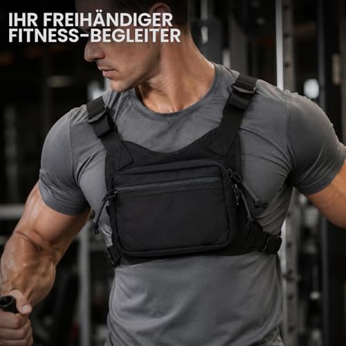 MGFLASHFORCE Sport Brusttasche Herren leichte EDC-Brusttasche Laufweste, Handyhalterung für Wandern, Workout, Angeln, Radfahren, Motorrad (Schwarz)