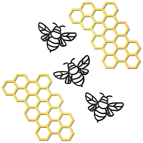 Peryiter 5 Pcs Metal Bee Wall Art Farmhouse Honey Bee Honey Comb Decor Wire Metal Wall Decor Hanging for Living Room Garden Bedroom Office Home (Black, Gold)