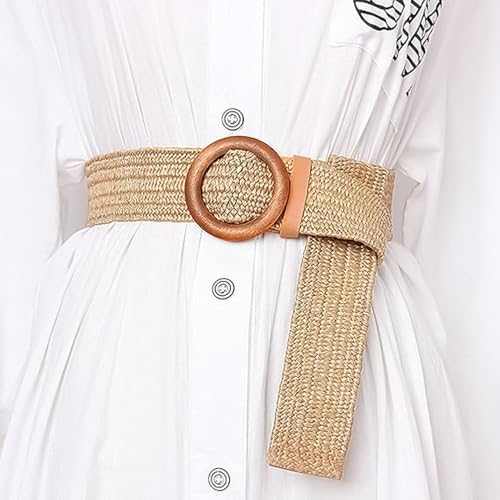 Boho Braided Belt Women, Womens Braided Belts, Wide Stretch Straw Woven Waist Belt with Round Buckle, Rattan Elastic Bohemian Waistband for Dresses, Jeans, Pants, Vacation Events3