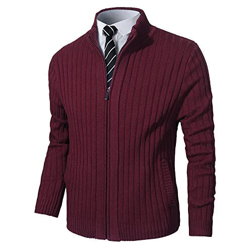 Pioneer Camp Men's Cardigan Sweaters Full Zip Up Stand Collar Slim Fit Casual Knitted Sweater with 4 Front Pockets（Burgundy，L）