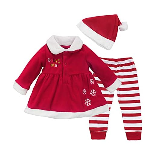 IEFIEL Costume Conjuntos de Tres Piezas Navidad Reyes Disfraces Chaqueta Fiesta Vestido + Pantalones Rayas + Gorro para Bebé Niña A Rojo 9-12 Meses