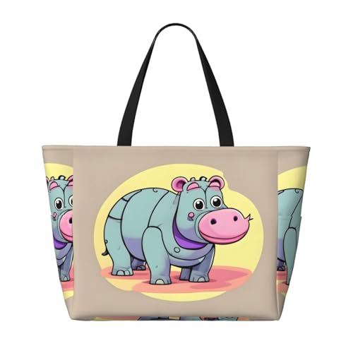 Cartoon Hippo Print Unisex Large Capacity Beach Travel Bag Vacation Picnic Sport Tote Portable Gym Bag2