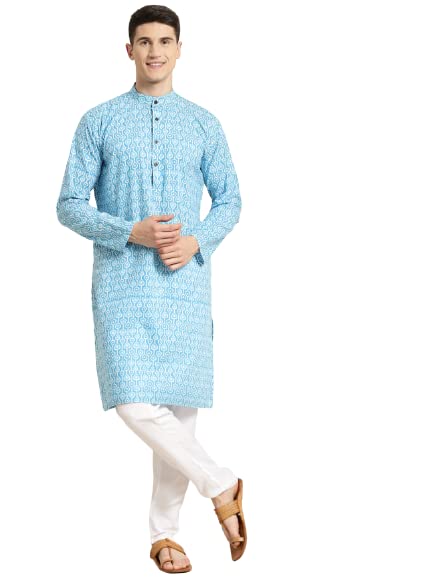 Sojanya (Since 1958) Men'S Cotton Print Kurta & White Churidar Pyjama Set