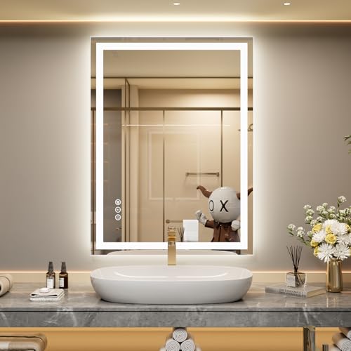 Snowdool Miroir de Salle de Bain LED, 60x80 cm Miroir Cosmétique avec éclairage, Mural éclairé, Interrupteur Tactile, Intensité Variable, 3 Couleurs De...