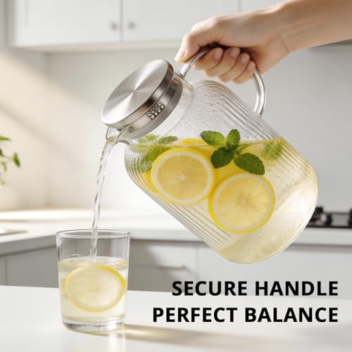 Image of Bivvclaz 1 Gallon Glass Pitcher with Lid and Handle, Stripes Water Pitcher for Fridge, Borosilicate Glass Carafe for Hot /Cold Drink, Extra Large Jug for Iced Tea, Coffee, Juice, Homemade Beverage