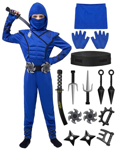 Spooktacular Creations Halloween Ninja Costume Blue Ninja Outfit Set for Kids Halloween Costumes with Accessories for Boys Dress Up and Role Play Party (Small 5-7 yrs)
