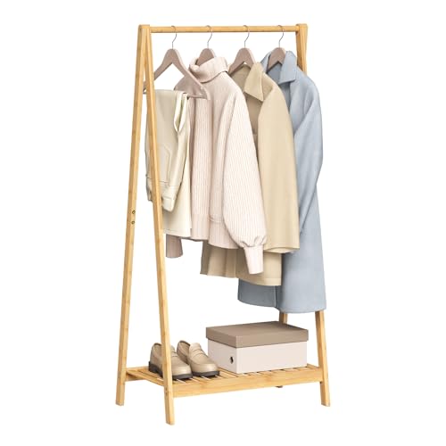 WOLTU Bamboo Clothes Rack with Shoe Shelf Coat Rack Free Standing Clothes Rail for Bedroom Entryway Hallway 60x37.5x121 cm