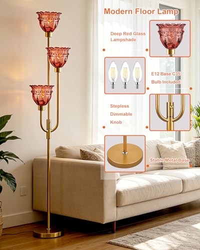 Image of Lightdot 66IN 3-Lights Modern Glass Floor Lamp Gold Dimmable Floor Lamps with 3000K Warm White Bulbs for Wedding Party Tall Standing Lamp with Deep Red Glass Shade for Living Room /Bedroom /Home Decor
