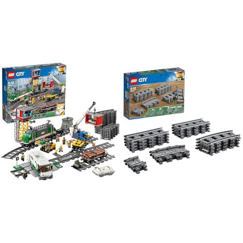 LEGO 60198 City Le Train de Marchandises Télécommandé, Jouet pour Enfants dès 6 Ans & 60205 City Pack de Rails, Ensemble d'Accessoires d'Extension City Train - Multicolore