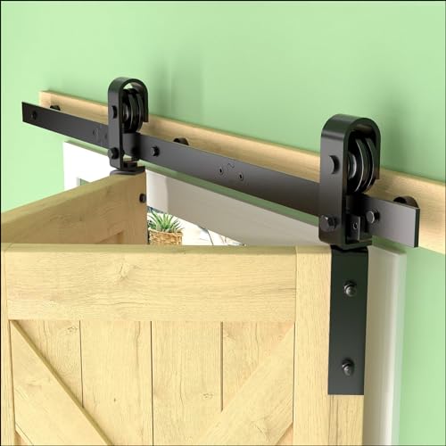 JZVXX 48" Bifold Barn Door Hardware Kit for 2 Doors - Black Plastic Spraying for Corrosion Resistance, Folding Push-Pull for Space Saving, Sturdy and Durable, Smooth and Quiet Sliding(fold-48-2) by JZVXX - Used condition - US$40.15