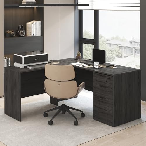 Image of Furinno Roger Computer Desk, 60 Inch Rectangular Executive Desk with Modesty Panel, Home Office Desk with Thick Tabletop, Desk Cord Grommet, Scratchproof, for Home Study, Office, Coastal Grey