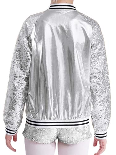 Kids Girls Sequin Long Sleeve Lightweight Sparkle Bomber Jacket Zip Up Hip Hop Jazz Modern Dance Coat Outwear2