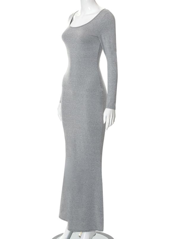 Vestito Donna Maniche Lunghe Aderente Abito Lungo con Scollo Quadrato Sexy Tinta Unita Maxi Bodycon Vestito Elasticizzato Abito da Cocktai per Feste e Cerimonie Discoteca