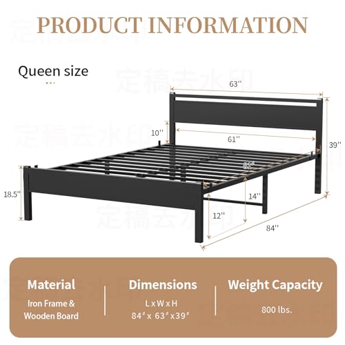 Image of 18 Inch Queen Bed Frame, Heavy Duty Platform Metal Queen Size Bed Frame with Headboard and Modern Wooden Footboard, Large Under Bed Storage, Quite Design, No Box Spring Needed, Black