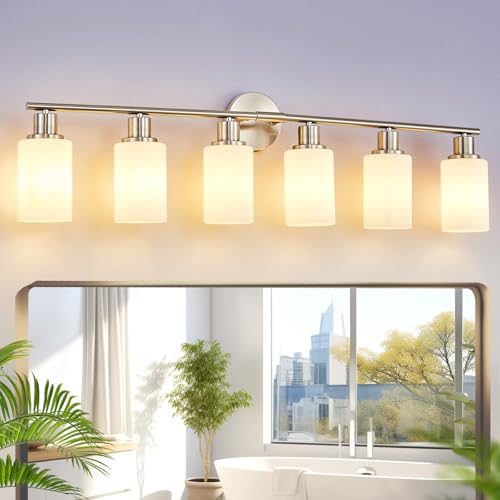 Image of DLLT 6-Light Bathroom Light Fixtures: Nickel Modern Vanity Lights with E26 Bulbs - Milky White Glass Shade Bathroom Wall Lamp for Mirror Kitchen Living Room Hallway Cabinet Porch