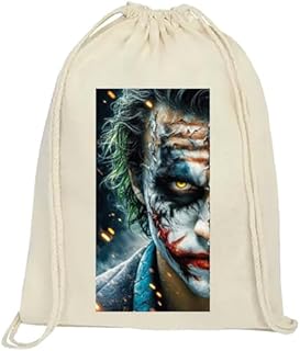 Canvas Drawstring Tote Bag, Beige Cotton with Character Print Design