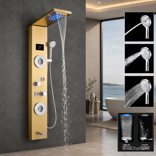 Image of Stainless Steel 304 Grade Shower Panel 8in1+ Extra Large 3Ways Hand Shower With LED Rainfall Waterfall 2Body Massage 4Mist Spray Temperature Display Shower Panel (Gold)