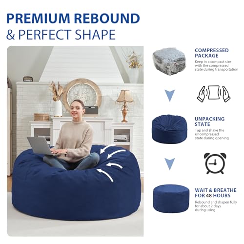 4FT Bean Bag Chair, Large Bean Bag Chairs with Memory Foam Filled, Fluffy Beanbag Sofa with Dutch Velvet Cover, Round BeanBag Chairs for Living Room, Playroom - Blue