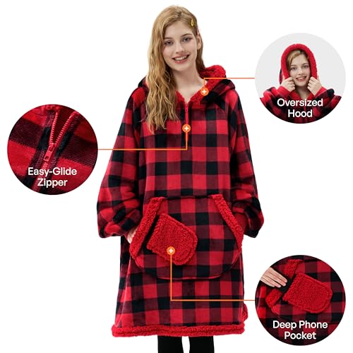 Image of Giggling Getup Wearable Blanket Hoodie for Women Men - Oversized Flannel Sherpa Fleece Sweatshirt Blanket with Giant Pocket & Sleeves - Cozy Warm Blanket Birthday Gifts for Adults Red Black Plaid
