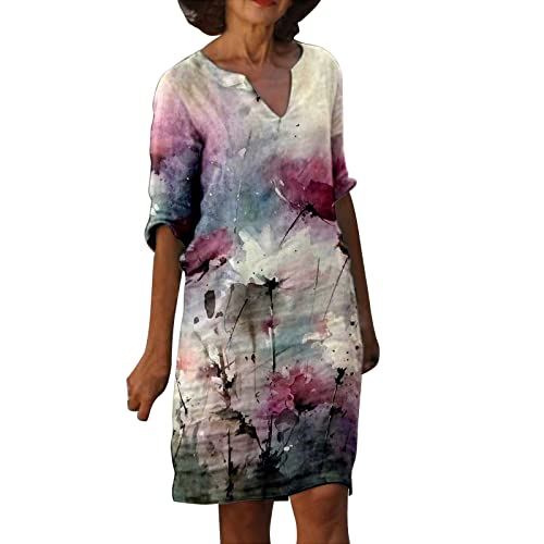 IKFIVQD Vestido de mujer con estampado vintage, cuello en V, longitud media, vestido diario, vestido de media manga, vestido elegante, vestido con volantes para mujer, Rosa-d, XL