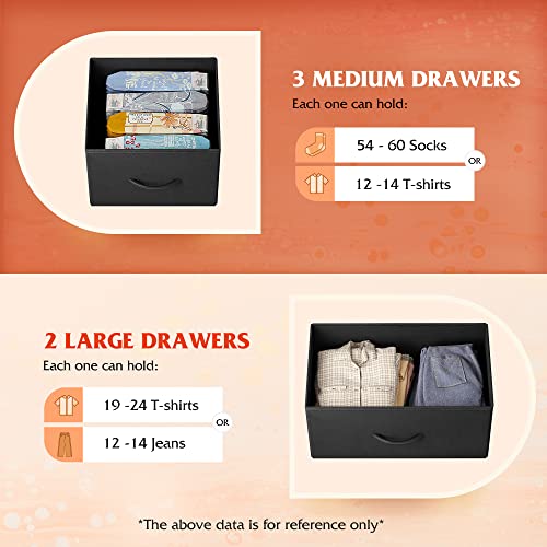 Image of WLIVE Dresser for Bedroom with 5 Drawers, Chest of Drawers, Fabric Dresser, Black Dresser with Fabric Bins for Closet, Living Room, Hallway, Charcoal Black, Size L