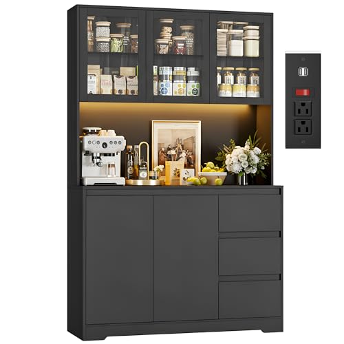 finetones 71' Kitchen Pantry Cabinet with LED Lights and Charging Station, Modern Kitchen Cabinets...