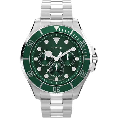 Montre multifonction homme 43 mm Timex Harborside Coast bracelet acier argenté cadran vert
