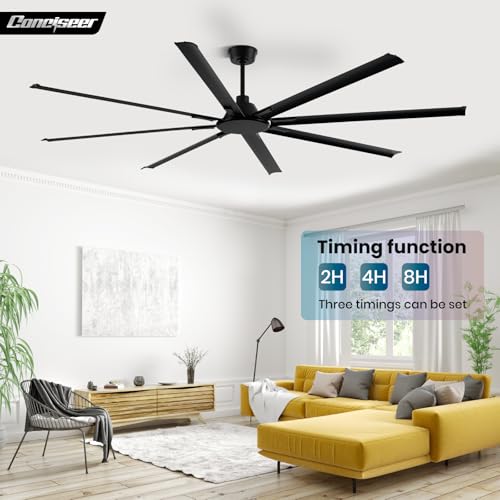Image of Conciseer Modern 100 Inch Ceiling Fans with Remote No Light for Living Room Kitchen Home Office Library Cafe Outdoor /Industrial Use, 8 Aluminum Blades 6 Speed Reversible Quiet DC Motor, Black