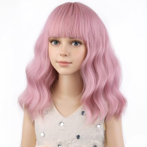 Image of PATTNIUM Pink Wig for Kids with Bangs Girls Short Curly Wavy Wig Child Light Pink Synthetic Hair Wigs
