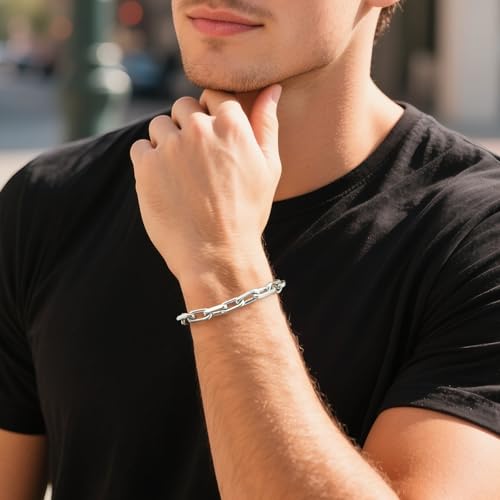 Stainless Steel Link Chain Bracelet for Men - Trendy Mens Bracelets Chunky Cuban Paperclip Solid Link Chain Wrist Bracelet Classic Simple Oval Stacking Layered Thick Large Jewelry Gifts for Men2