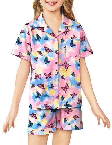 Image of Arshiner Girls Pajamas Sets Short Sleeve Kids Pjs Button Down Sleepwear | Cute Printed Pajamas for Little & Big Girl, Lightweight Comfy Fabric, 2-Piece Outfits, Perfect for Lounge Pajamas Party