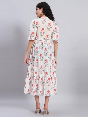 Image of PIDAVLIYA'S Women's Floral Summer Maxi Dress I Cotton Printed I One Piece Bodycon Midi Dress with V-Neck, Puffed Sleeves