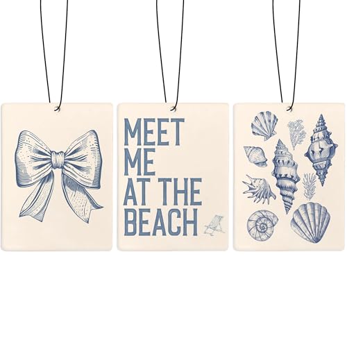 Image of Cute Coquette Blue Bow Beach Air Freshener for Car, Coastal Seashell Beachy Air Freshener Hanging 3 Pcs for Cars Closet Drawer or Books, Blue Girly Preppy Beach Car Mirror Decor for Women