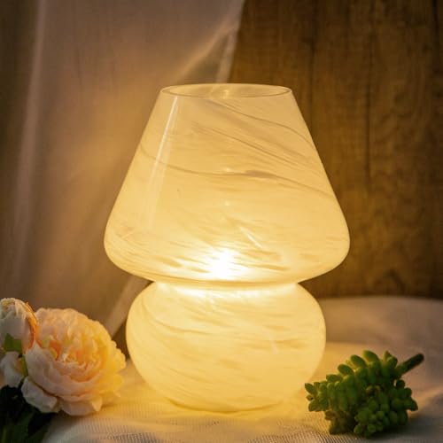 MJ PREMIER Mushroom Lamp Cordless, Battery Operated Table Lamps, Glass Nebula Table Lamps, LED Night Lights for Bedroom/Party/Corner (White)