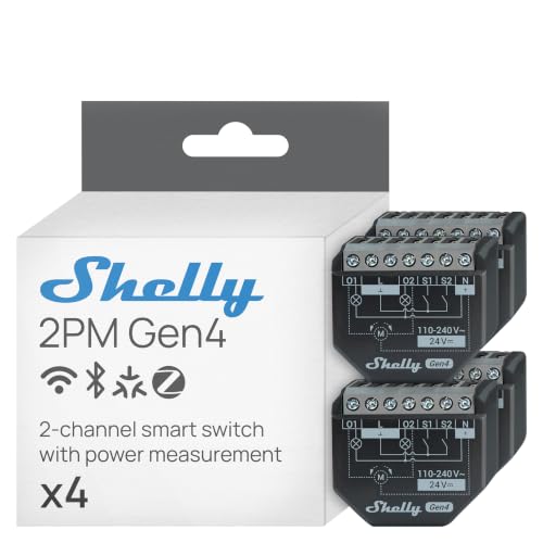 Shelly 2PM Gen4 – Módulo interruptor de persianas con Matter, Zigbee, Wi-Fi, 2 canales 8A, Medición de consumo eléctrico, Control inalàmbrico por app y voz Alexa, Google, Apple HomeKit - 4 Piezas