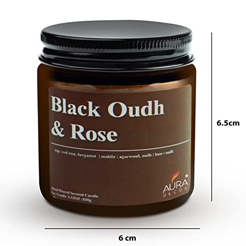 Image of AuraDecor Scented Jar Candle | Handpoured Soy Wax Candle with Long Lasting Burn Time | Premium Amber Jar Aromatherapy Candle | Ideal Gift for Home & Decor (Large, Black Oudh & Rose)
