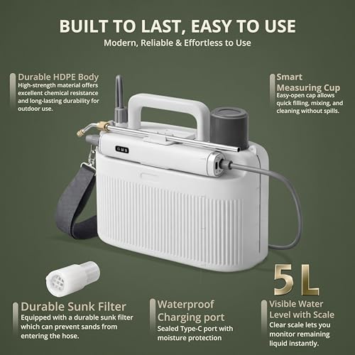 Image of Kraft Seeds 5L Electric Garden Sprayer for Plants, USB-C Rechargeable Spray Bottle with 3.7V Battery, 120-180 Min Runtime, Adjustable Nozzle, Water Spray Pump for Agriculture, Home Garden, Car Wash