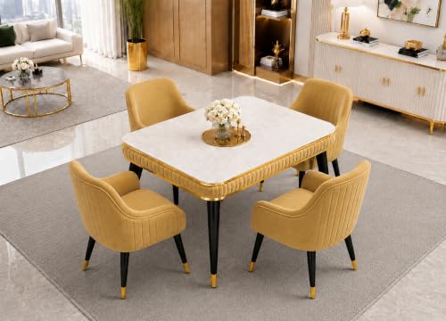 Image of WOODEN SPACE 4 Seater Wooden Dining Table Set | Urban Marble Top Dining Table with Chairs for Dining Room & Kitchen (Modern Zyro Yellow) (54 x 36 x 30 inch)