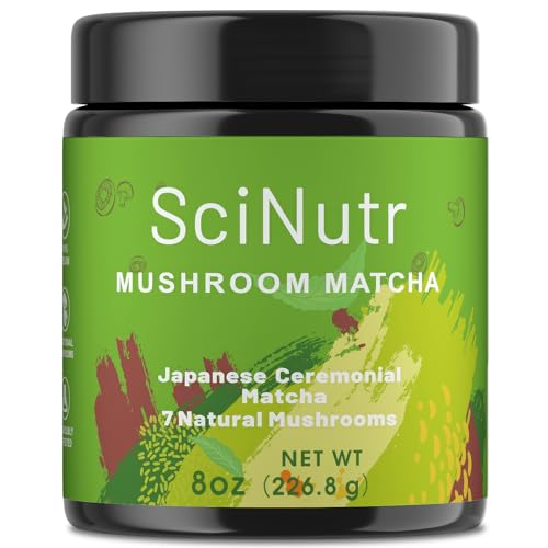 SciNutr Mushroom Matcha Powder, Japanese Ceremonial Matcha Infused with 7 Superfood Mushrooms, MCT Oil, Coconut Milk Powder, Natural, Gluten Free, Taste Great Matcha Latter 8 Oz(45 Servings)