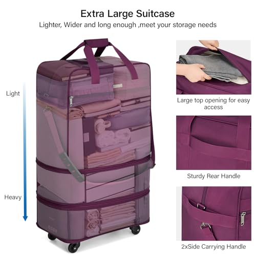 Hanke Suitcases with Wheels Expandable Foldable Luggage Bag Suitcase Collapsible Rolling Travel Bag Duffel Bag for Men Women Lightweight Suitcases without Telescoping Handle, Purple3