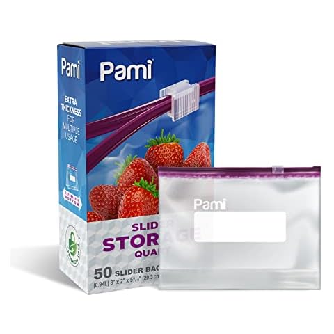 PAMI Food Storage Slider Quart Bags [50 Pieces] - Leakproof Freshness-Lock Bags With Expandable Bottom- Food-Safe Slider Zipper Bags With Write On Label- Thick & Reusable Sandwich Bags Cover
