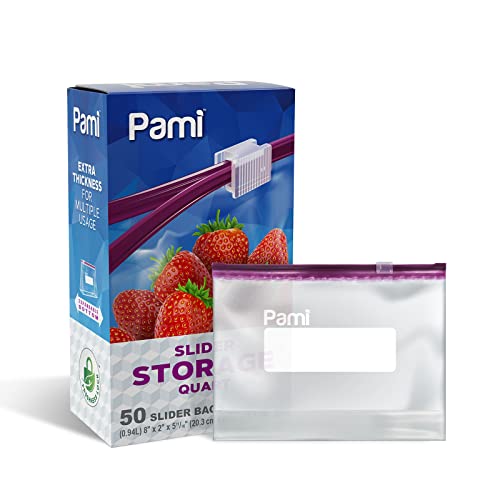 PAMI Reusable Leakproof Slider Zipper Food Bags (Quart 50 Clear)