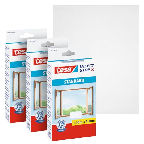 tesa Insect Stop Klett Fliegengitter für Fenster - Insektenschutz mit Klettband zuschneidbar - Mückenschutz ohne Bohren - 3 x Fliegen Netz - 110 cm x 130 cm - Weiß