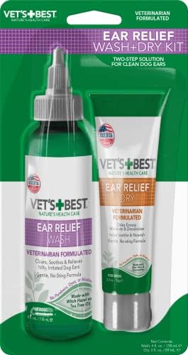 Vet's Best Dog Ear Cleaner Kit, Multi-Symptom Ear Relief Wash and Dry Treatment, Alcohol-Free 8oz