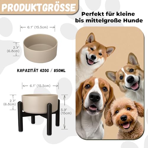 Futternapf Hund Erhöht Hundenapf Keramik - Fressnapf Hoch mit Edelstahlständer - Für Kleine und Mittelgroße Hunde - 15,5 cm Durchmesser - 850 ml - Grau