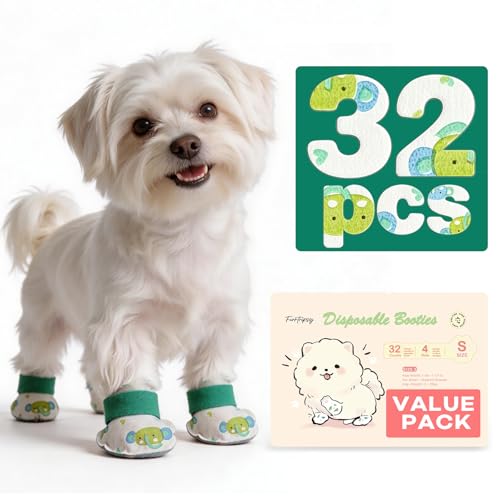 Disposable Dog Booties Dog Boots to Prevent Licking Paws Paw Protectors for Hot Pavement and After Surgery Care Gentle Dog Shoes with 4 Rolls Bandages Green 32pcs (Size S: Paw Width 1.18-1.77)